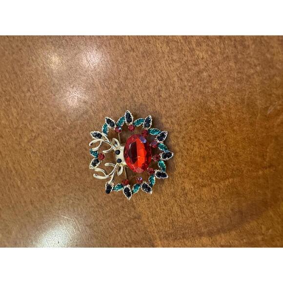 Jewelry - Vintage Reindeer Holiday Brooch with Red and Green Rhinestones j-164